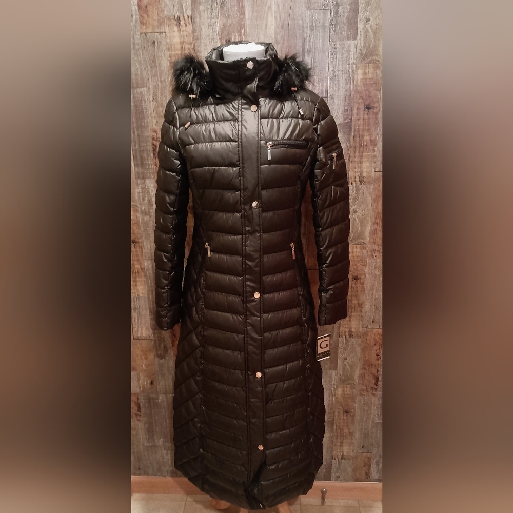 NWT GALLERY NEW YORK BLACK DET. FAUX FUR HOOD WOMENS PUFFER MAXI COAT SZ S NEW